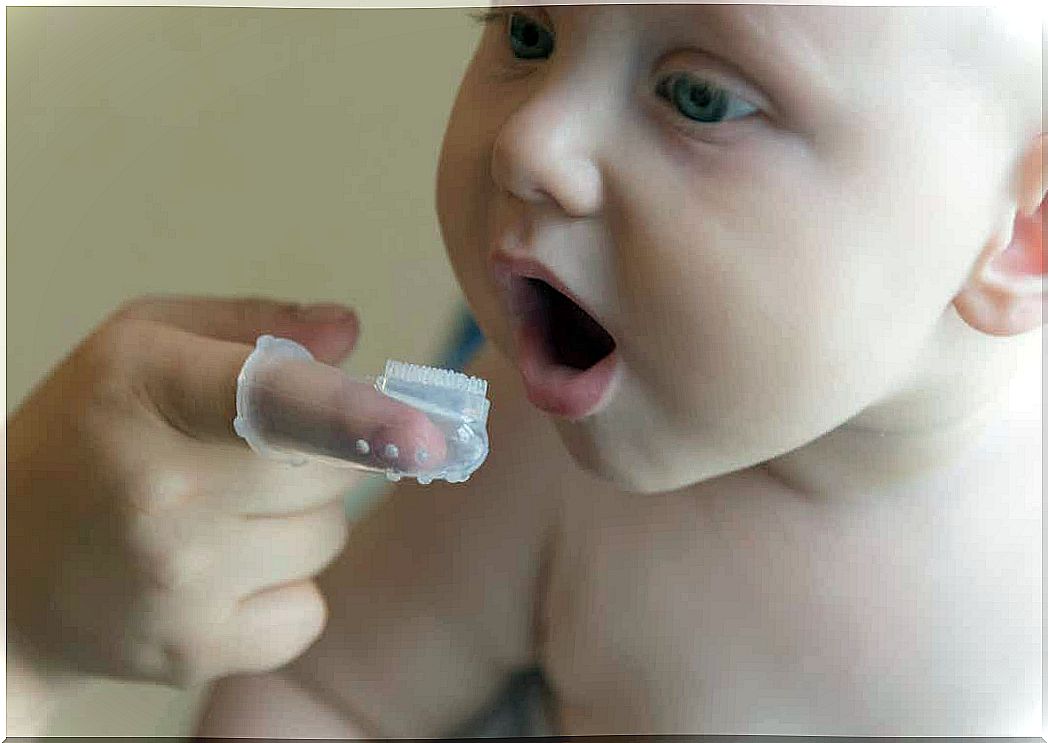 A mother uses a finger brush to clean a baby's gums