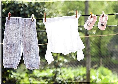 Freshly washed clothes hang to dry