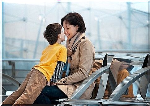 mother says goodbye to her son before she leaves