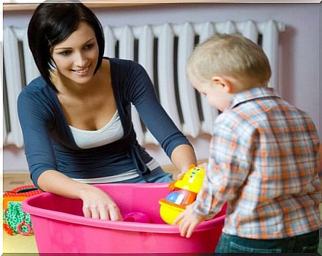 Mother and son clean