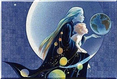 Mother and baby against the moon