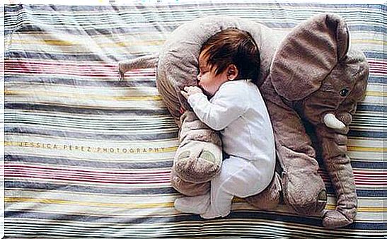 baby sleeping with elephant teddy bear